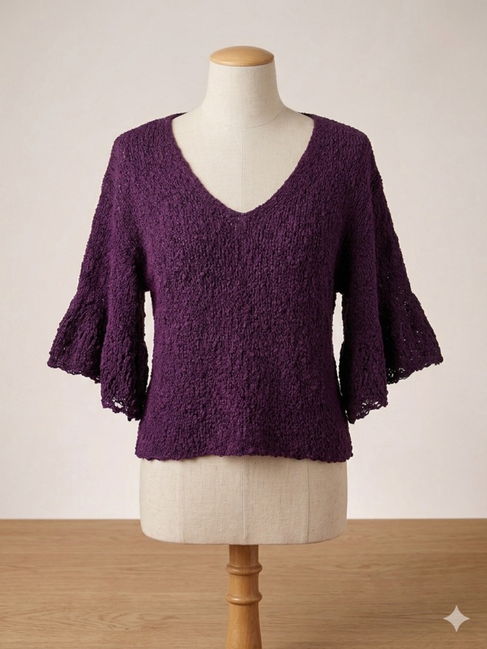 Cahaya by Tanami Plum Handcrafted Ruffle Bell Sleeve Sweater NWT S/M - Picture 12 of 12